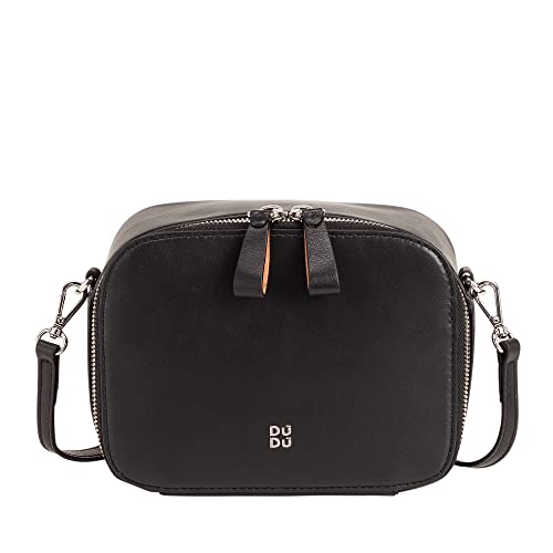 DUDU Damen Umhängetasche aus Leder, Kamera Bag mit doppeltem Schulterriemen, Reißverschluss, Elegante kompakte Designtasche Schwarz