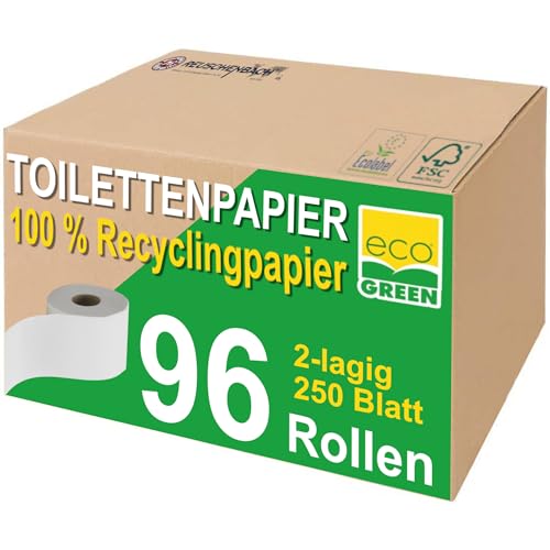 Reuschenbach Toilettenpapier, 100% Recycling Papier, 96 Rollen, WC-Papier 2lagig, Klopapier aus Zellstoff, 250 Blatt je Rolle