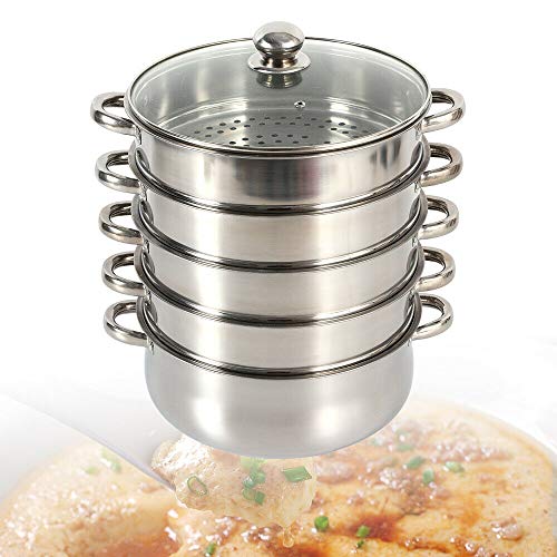 KOLHGNSE 5 Lagiger Edelstahl Dampfkocher Gardampftopf mit Glasdeckel Dampfgarer für Küche alle Herdarten Geeignet (30cm)