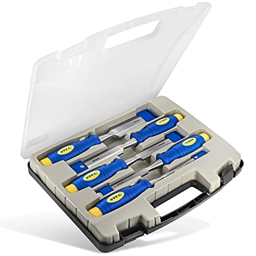 S&R Stechbeitel Set 5 Stück: 6, 12, 20, 25, 32mm, Mehrkomponenten-Hüllen, Professional, im transparenten Koffer