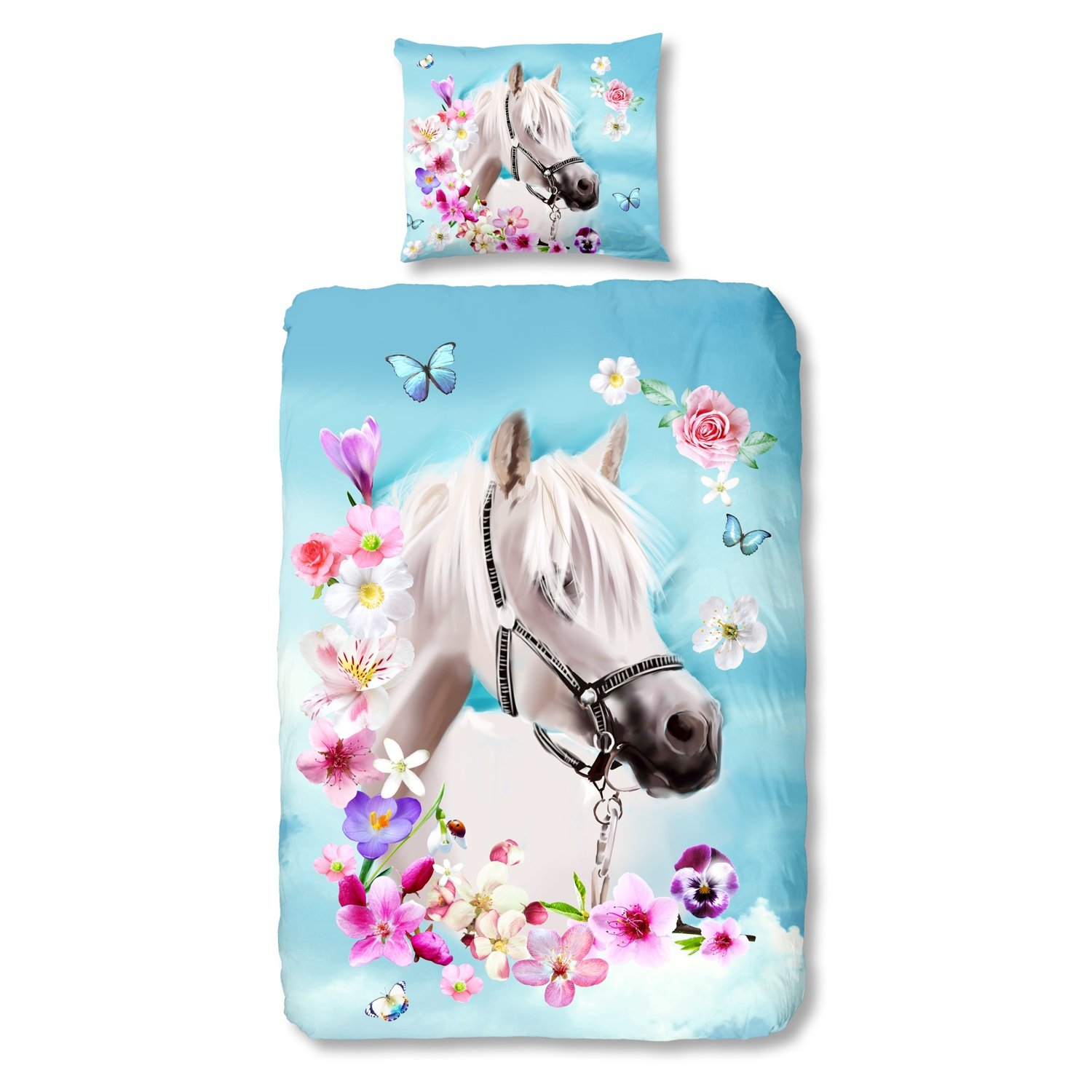 Good morning 4924-P, 135cm bettwäsche mit Kissenbezug weißes Pferd, 100 Prozent Baumwolle, mehrfarbig, 200 x 135 x 0,5 cm