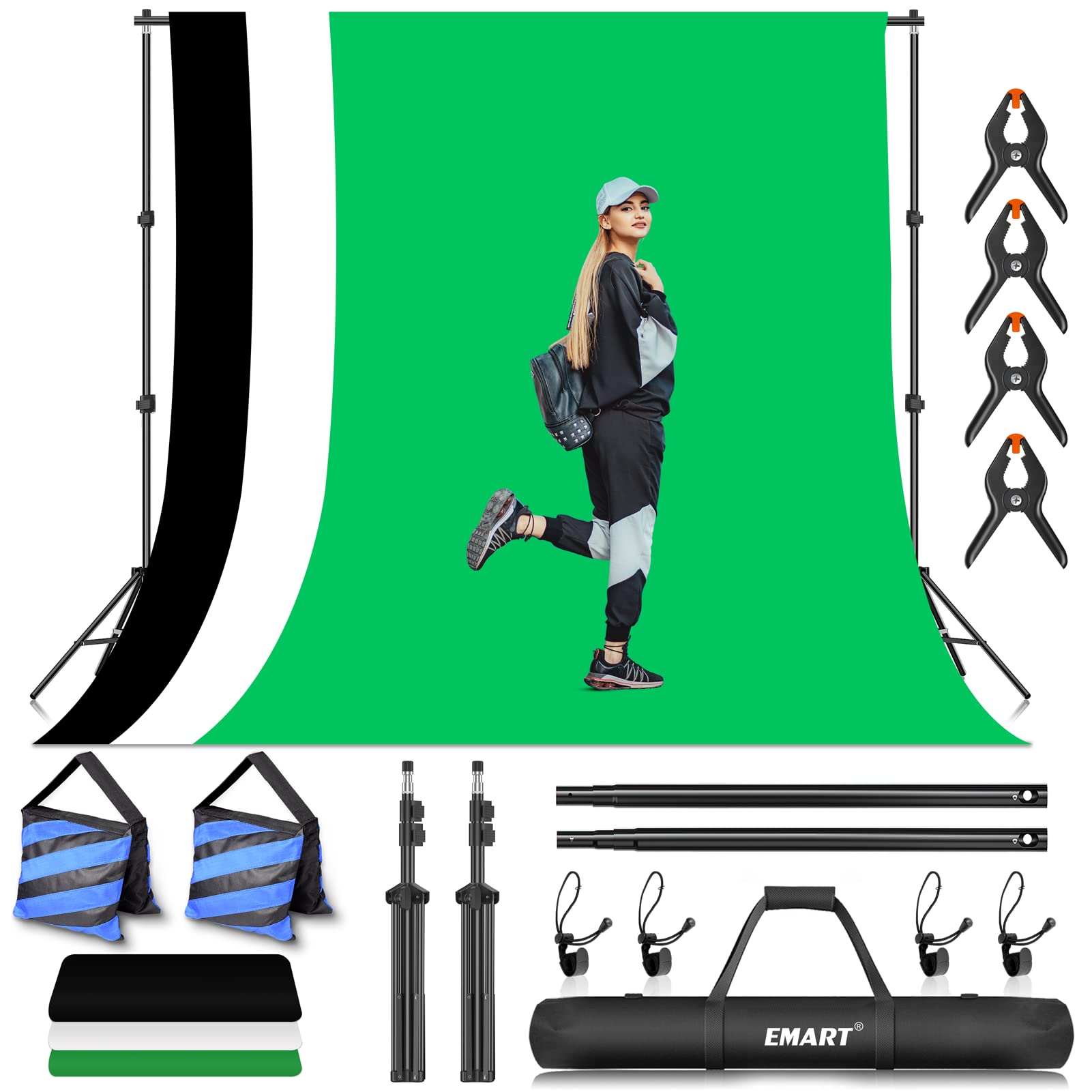 EMART Fotostudio Hintergrund Ständer Set mit Stoff, Hintergrundsystem 2m×3m mit Foto Hintergrund 1,8m×2,8m (Schwarz, Weiß und Grün) für Produkt Porträt YouTube Video Fotografie