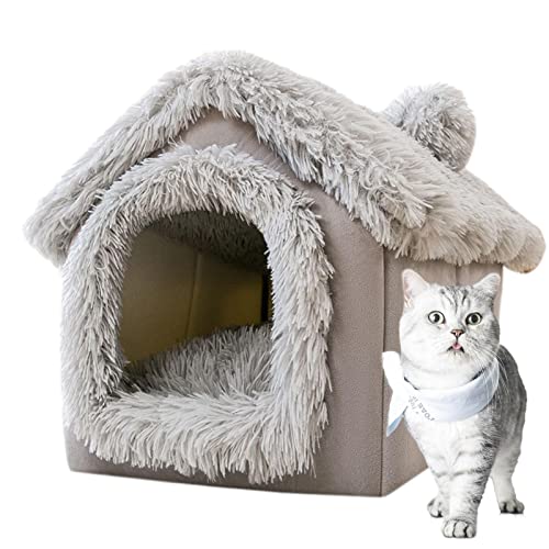 Hundehütte, Katzenhöhlenbett, warme und gemütliche Plüschkatze, tragbares Katzenhüttenbett for den Innenbereich mit abnehmbarem Kissen, waschbare Haustierbetthöhle, abnehmbares und faltbares, rutschfe
