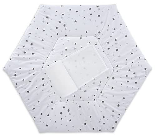 FabiMax Laufgittereinlage 6-eckig und Umrandung aus Netzstoff, graue Sterne auf weiß
