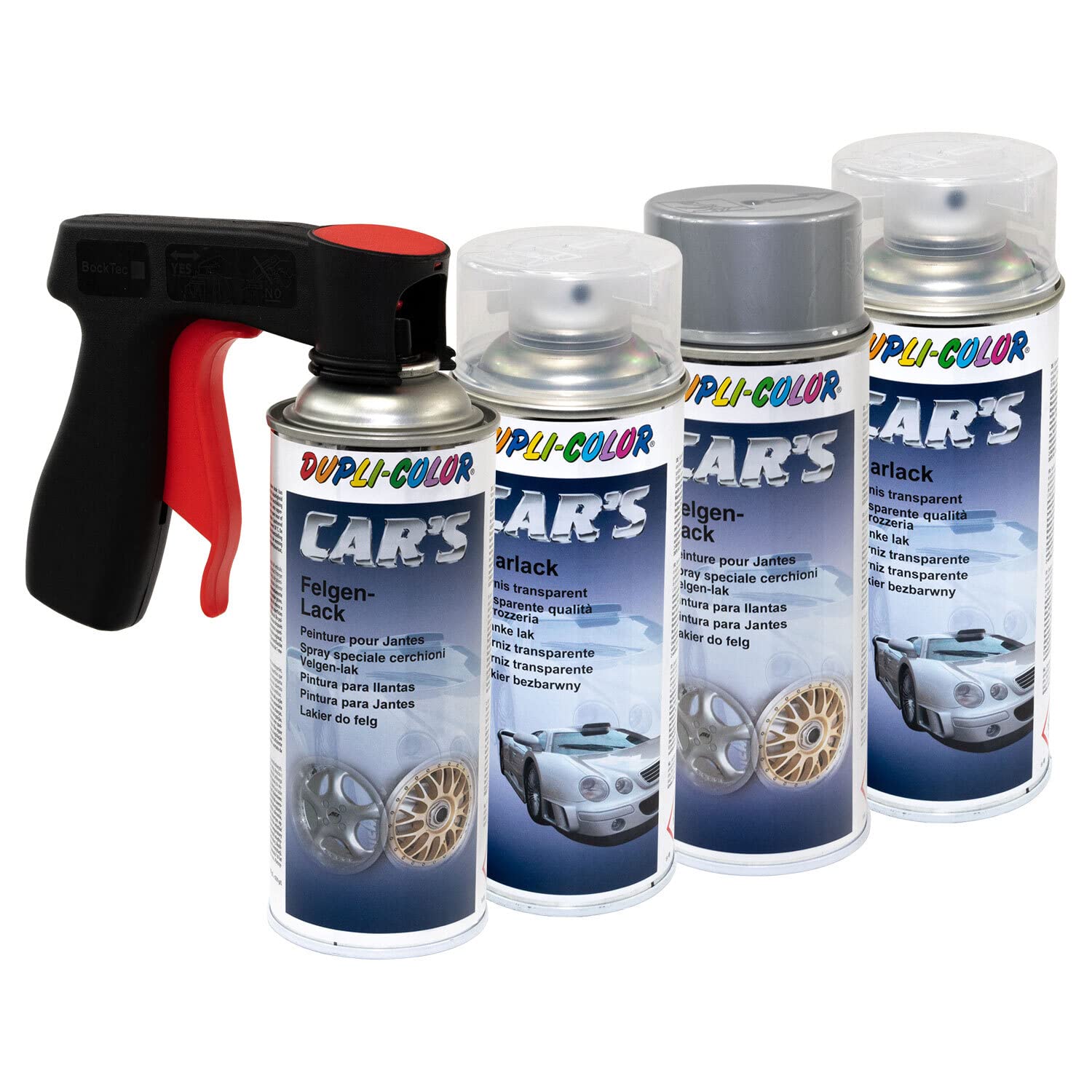 Felgenlack Lack Spray Car's Dupli Color 385919 Silber 2 X 400 ml + Klarlack 385858 2 X 400 ml mit Pistolengriff