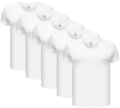 Brubaker 5er Pack Herren Unterhemd mit Rundhals Ausschnitt - Kurzarm T-Shirt - aus hochwertiger Baumwolle (glatt) - Extra Lang - ohne Seitennaht - Weiß - Größe S
