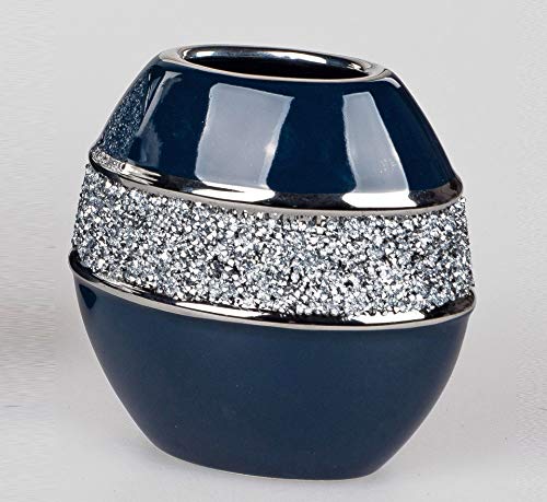 Edle Vase Blumenvase Tischvase Flunder Designvase in Nachtblau und Silber glänzend und mit Strass verziert, in verschiedenen Variationen (Rund 24 cm)