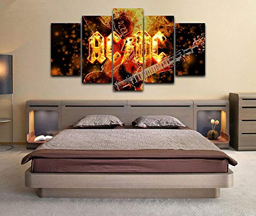 GIRDSS Bild Auf Leinwand Leinwandbild 5 Teilig Kunstdruck Modern Wandbilder XXL Format Wandbilder Wohnzimmer Deko Kunstdrucke 5 Teilig Angus Young Ac Dc ACDC Rockband-Logo Fertig Zum Aufhängen