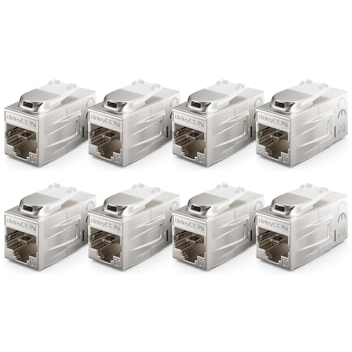 deleyCON 8 Stück CAT 7 Kupplung Keystone Metall 2x RJ45 Buchse Verbinder für RJ45 Patchkabel 600 MHz 10 Gbps LAN DSL Ethernet und Nutzbar als Keystone - Silber