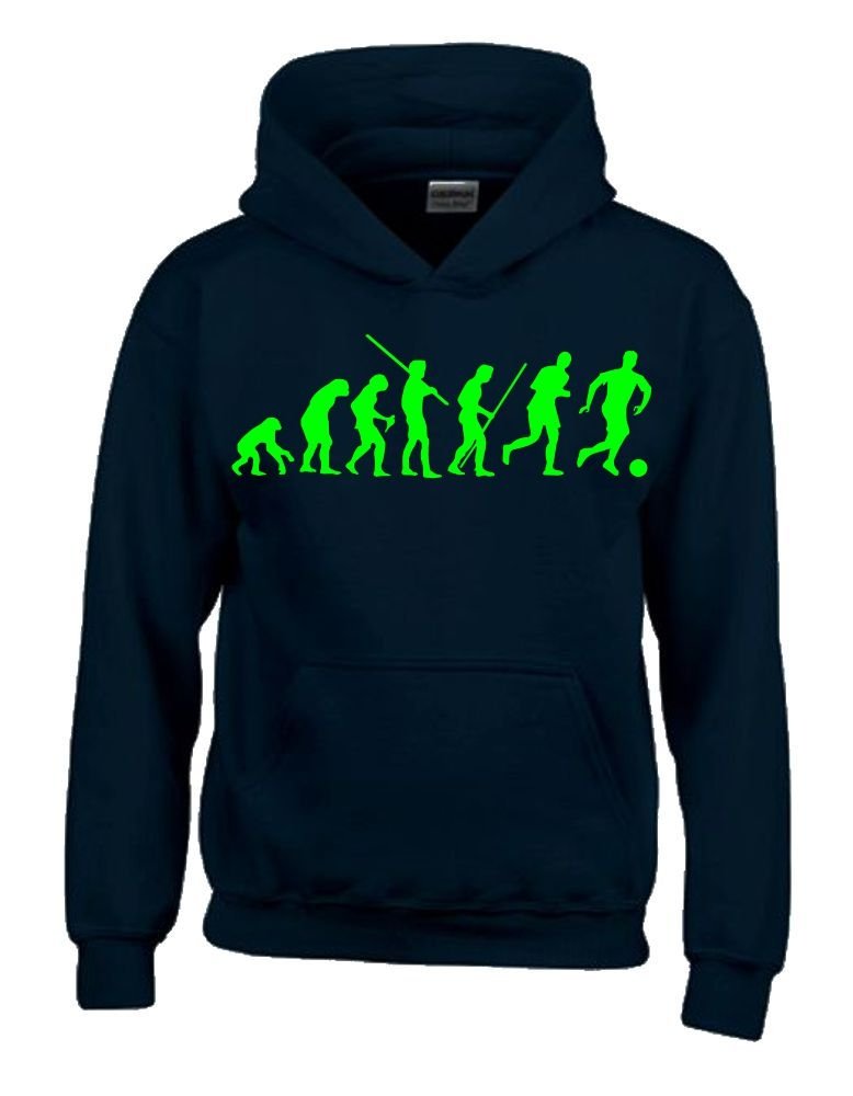 Coole-Fun-T-Shirts Fussball Evolution Kinder Sweatshirt mit Kapuze Hoodie schwarz-Green, Gr.140cm