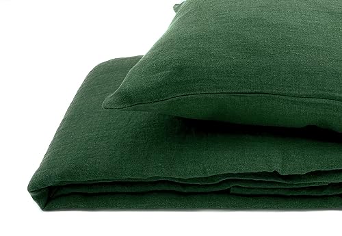 JOWOLLINA Natur Leinen Bettwäsche-Set Soft Washed Finish 180mg2 (Waldgrün, 200x200 cm, 40x80 cm)