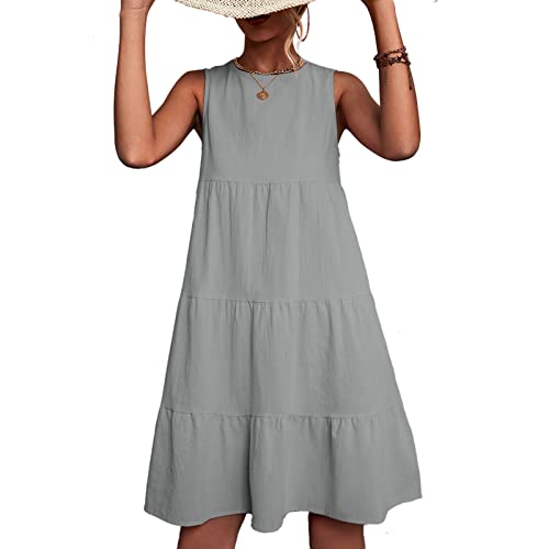Ausla Rundhals T-Shirt Patchwork Kleider Damen Sommerkleid Casual Ärmelloses Kleid mit Geraffte Büste und Rückenknopf Strandkleid Knielang Einfarbig Locker Swing Kleid (S-Grau)
