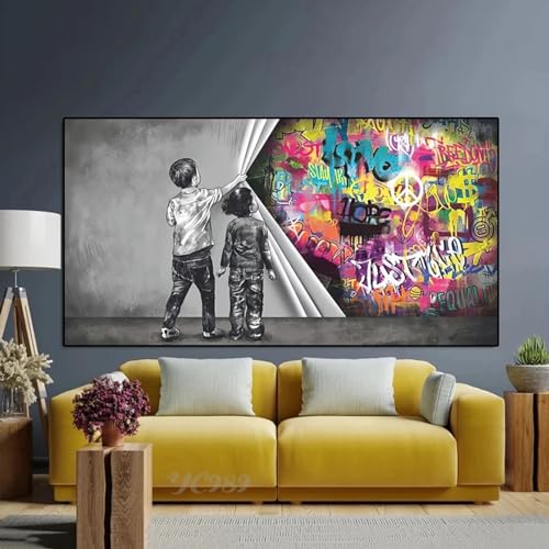 Straßen-Graffiti-Kunst hinter dem Vorhang, Gemälde „Junge und Mädchen finden Liebe“, Banksy-Wandkunst, übergroße Drucke für die Inneneinrichtung, 85 x 160 cm/33 x 63 Zoll, mit schwarzem Rahmen