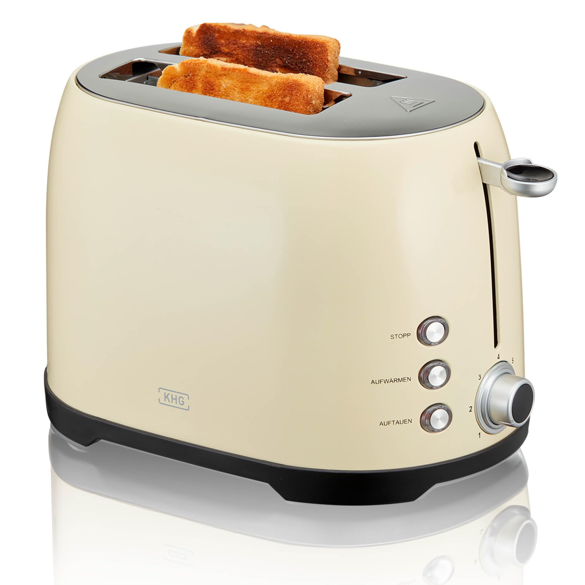 KHG Toaster TO-858 CE | Toaster 2 Scheiben Creme 800 W | mit Brötchenaufsatz, 7 Röstgradstufen mit Bräunungsgradkontrolle, Krümelfach, Auftau- und Aufwärmfunktion