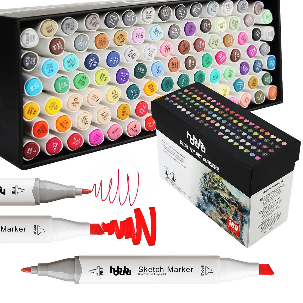 hhhouu 100 Farben Marker Stifte Set, Doppelter Spitzen für Studenten Manga Kunstler Design Schule Drawing MH-100W
