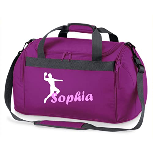 Sporttasche mit Namen Bedruckt für Kinder | Personalisierbar mit Motiv Handball | Reisetasche Duffle Bag für Mädchen und Jungen | Handballspieler Sport (lila)