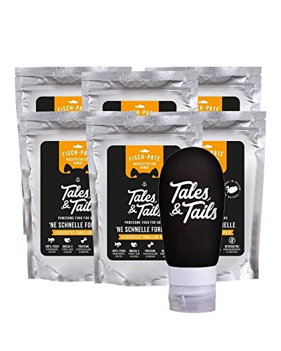 Tales & Tails® - Schlecktubenpaket I Futtertube für Hunde + 6 x hochwertige Belohnung zur Befüllung I 6 x 100g Nassfutter I Monoprotein I 100% Forelle