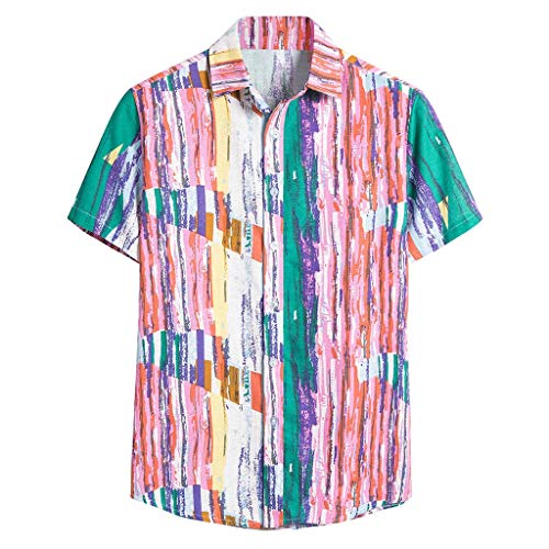 Yowablo Herren Kurzarm Shirt Einfarbig Freizeithemd Casual Hemden Leichte Atmungsaktives Bequem Leinen Sommerhemden Loose Fit (4XL,8Rosa)