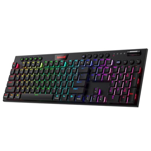 Redragon K618 Horus Mechanische RGB-Tastatur, Bluetooth/2.4ghz/kabelgebundene Tri-Mode Low Profile Gaming-Tastatur mit Kabelloser Verbindung, Dedizierter Mediensteuerung und Linearem Roten Schalter