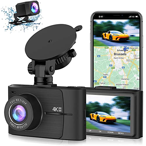 ANTELA Dashcam Auto Dual 4K Vorne Hinten WiFi & GPS Autokamera-Recorder, 170° Weitwinkel Parküberwachung, WDR Nachtsicht G-Sensor, 300mA AKKU Loop-Aufnahme, UHD 3840x2160P 3" LCD, 256GB SD-Karte