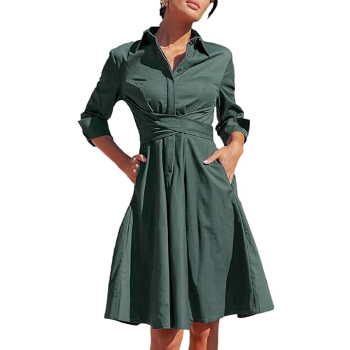 GETERUUV Damen Hemdkleid Elegant Langarm V-Ausschnitt Blusenkleid Tunika Kleider mit Knopf Herbst Freizeitkleid
