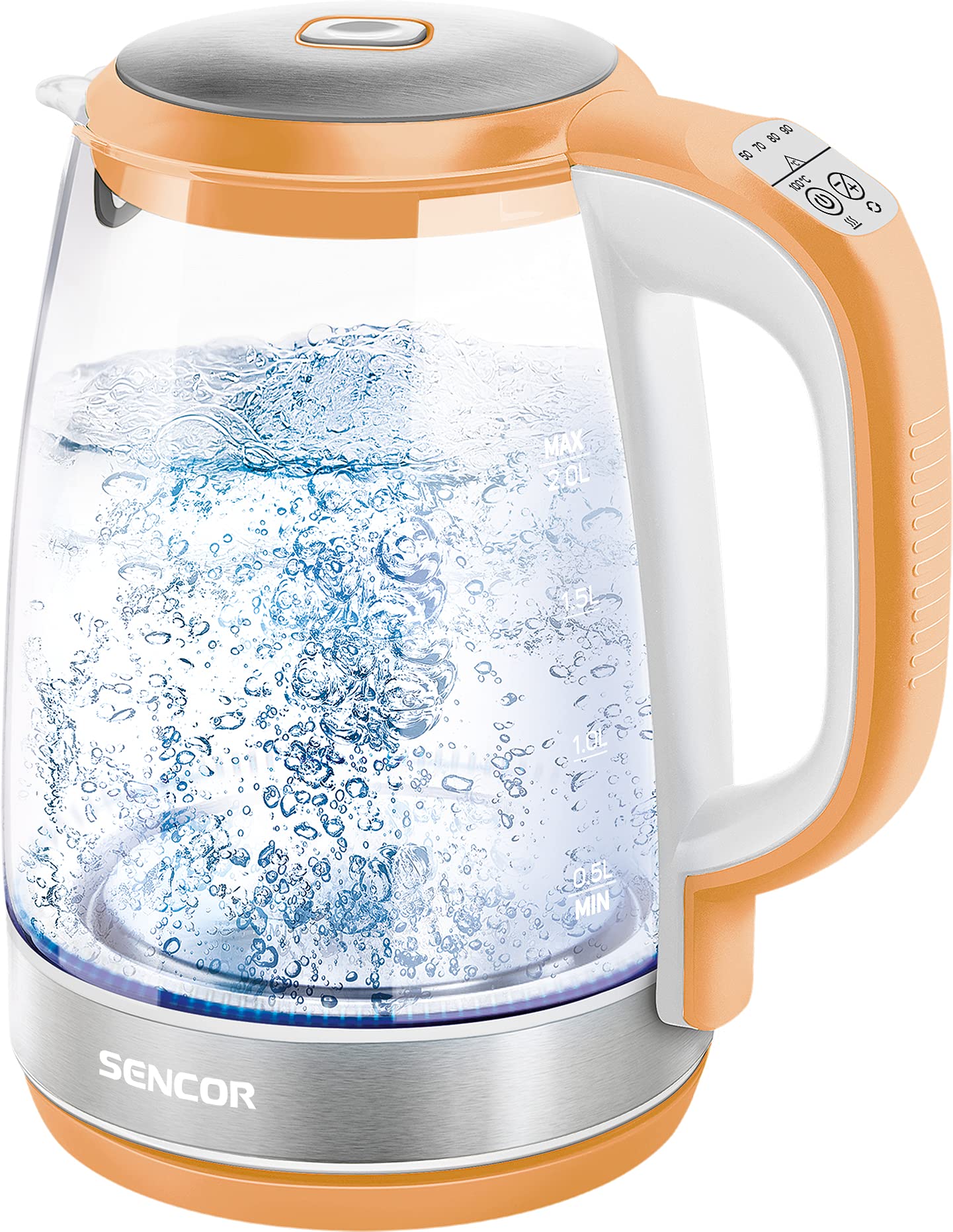 Sencor SWK 2193OR Glaswasserkocher 2,0 Liter Kapazität 2200 Watt Leistung Edelstahl Innenlicht 100% BPA frei Temperaturregelung (50°C bis 100°C)