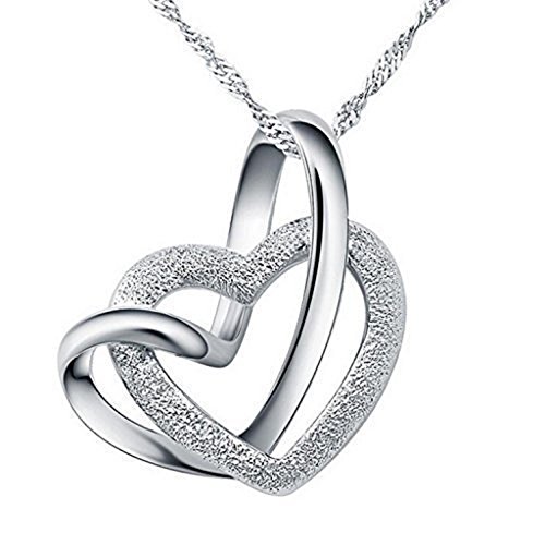 Miya 925 Sterling Silber Herz Doppelherz Anhänger mit Kristall Halskette, 45cm Silber