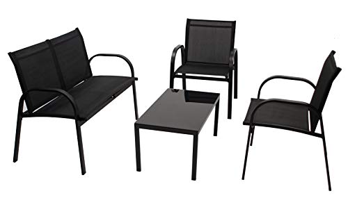 DEGAMO Lounge Set Arona 4-teilig (2X Loungesessel, 1x Loungesofa, 1x Tisch 80x45cm), Metall + Textilgewebe schwarz, Outdoor
