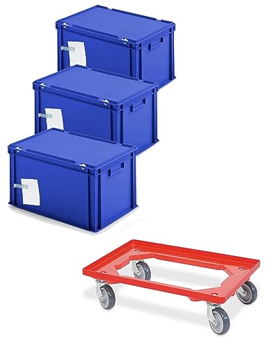 BRB 3x Ordner-Archivboxen für je 7 Ordner (A4, breiter Rücken), inkl. Transportroller (blau)