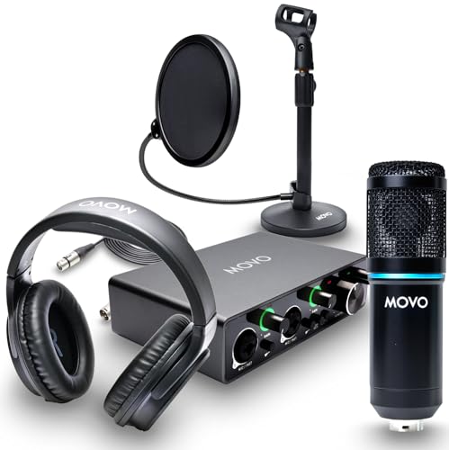 Movo PodPakT Universal Nieren-Kondensatormikrofon-Kit mit MDX-1 2x2 Audio-Schnittstelle mit Tisch-Mikrofonständer und Studio-Kopfhörern – Podcast-Ausrüstungsset für YouTube, Podcast, Streaming