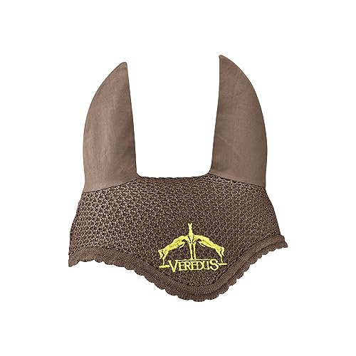 Handgefertigte Fliegenhaube für Pferde aus Baumwolle, waschbar und atmungsaktiv, mit Veredus Logo vorne – Braun/Gold