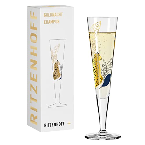 Ritzenhoff 1071033 Champagnerglas 200 ml – Serie Goldnacht Nr. 33 – Eukalyptus-Motiv mit Echt-Gold – Made in Germany