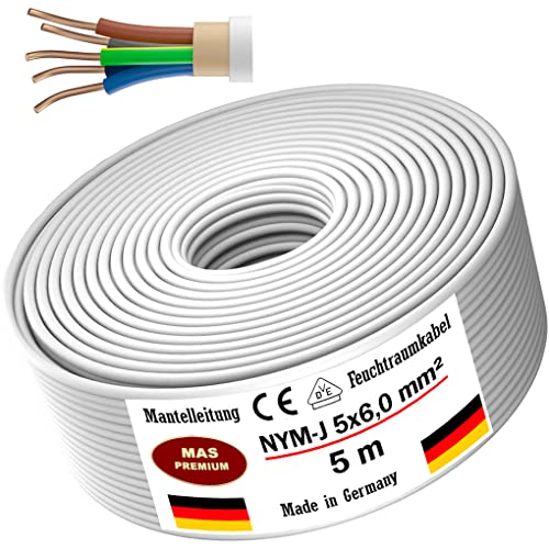 Feuchtraumkabel Stromkabel 5m, 10m, 15m, 20m, 25m, 30m oder 50m Mantelleitung NYM-J 5x6mm² Elektrokabel Ring für feste Verlegung (5m)