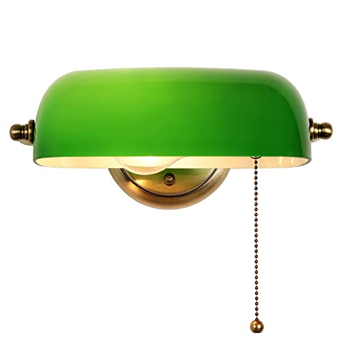 HMAKGG Wandlampe Vintage Retro Bankerlampe grün, mit Messingbasis Retro grüne Wandleuchte Innen Lampenschirm aus Glas Zugschalter,Messing