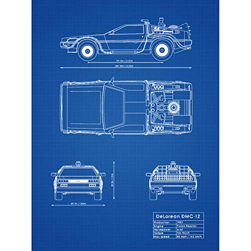 DeLorean DMC-13 Future Time Travel Car Blueprint Plan Art Print Canvas Premium Wall Decor Poster Mural Zukunft Reise Blau Wand Deko