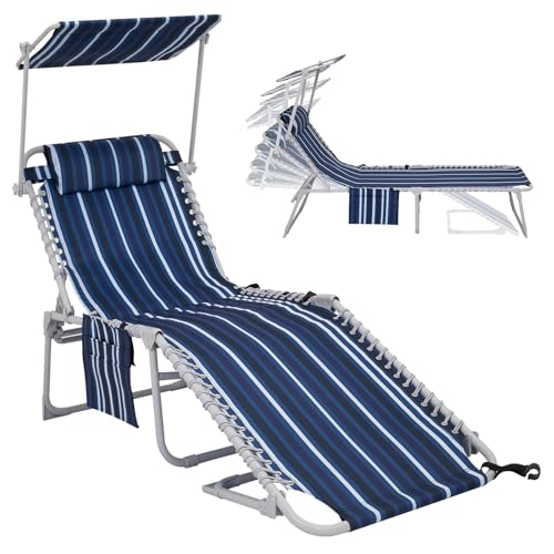 #WEJOY Klappbarer Terrassen-Chaiselongue-Sessel mit Baldachin, Sonnenschutz für den Außenbereich, 5 Positionen, Strandliege mit Kissen und Seitentasche, tragbarer Sonnenstuhl für Strand, Pool,