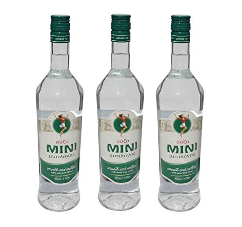 3x Ouzo Mini Mytilini 40% je 700ml aus Lesbos griechischer Traditions Trester - 3er Set + 10ml Olivenöl Sachet zum testen