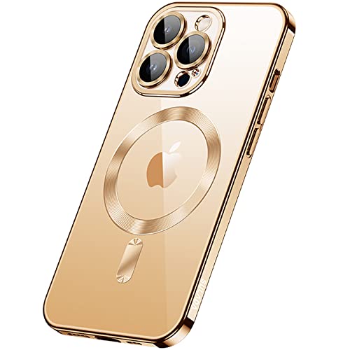 Hülle für iPhone 14/14 Plus/14 Pro/14 Pro Max, [kompatibel mit MagSafe] Transparent Stoßfest Rückseite & Galvanik Rahmen [Kameraschutz] Ultra Dünn und Leicht Case Cover,Gold,iPhone14 Pro