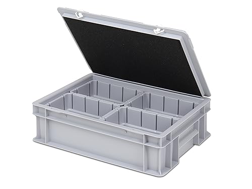 Einsatzkasten Einteilungs-Set für Eurobehälter, Schubladen mit Innenmaß 362x262 mm (LxB), 102 mm hoch, verschiedene Größen/Farben (4er Set inkl. Box + Deckel, grau)