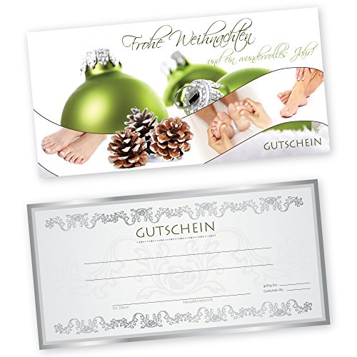 50 Weihnachtsgutscheine Gutscheinkarten XMAS GREEN FUßPFLEGE mit weißtransparenten Umschlägen für Fußpflegestudio Gutscheine Geschenkgutscheine