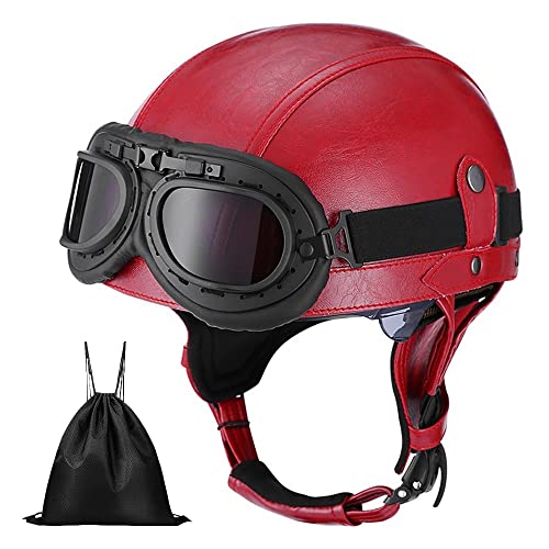 German Retro Motorcycle Leather Half Helmets Vintage Car Jet Helmet, Scooter Motocross Helmet, ECE Approval Adult with Protective Goggles for Men and Women mit Aufbewahrungstasche