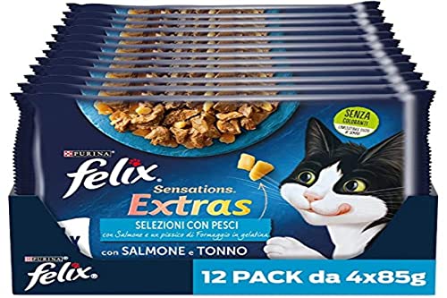 Purina Felix Sensations Extras Feuchtmittel für Katzen mit Lachs und Einer Prise Käse und Thunfisch und Einer Prise Käse, 48 Beutel à 85 g