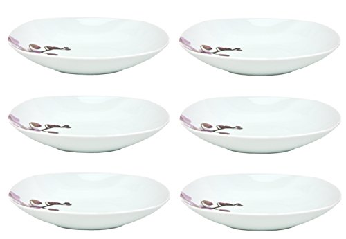 Van Well 6er Set Suppenteller Kyoto, Menü-Teller, 450 ml, 215 x 215 mm, Salatteller, Servierschale, Porzellan-Geschirr, Blumen-Dekor Orchidee, rosa-rot, pink