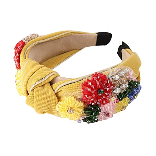 Strass Kristall Breite Stirnbänder Blumen Elastische Haarreifen Vintage Mode Haarschmuck für Frauen, gelb