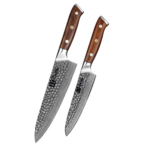 KENSAKI 2er Messerset aus Damaszener Stahl Küchenmesser Japanischer Art hergestellt aus 67 Lagen Damaststahl Gehämmert – Tetsu Serie