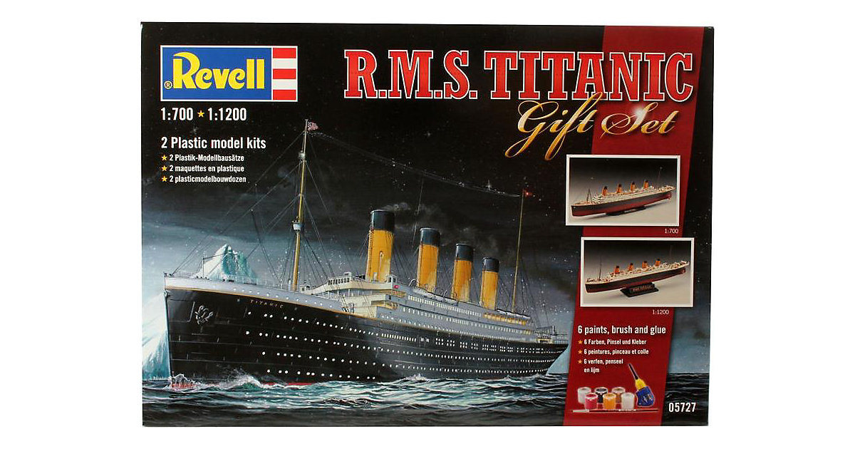 Geschenkset R.M.S. Titanic, Revell Modellbausatz mit Basiszubehör im Maßstab 1:700 & 1:1200, 172 Teile, 38,5 + 22,3 cm 3