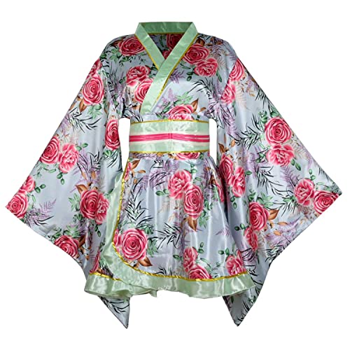 Damen Kurzes Kimono-Kleid Blumendruck Japanisch Traditionell Sexy Geisha Yukata Bademantel Rock Gürtel Outfit, S14-grün, Large