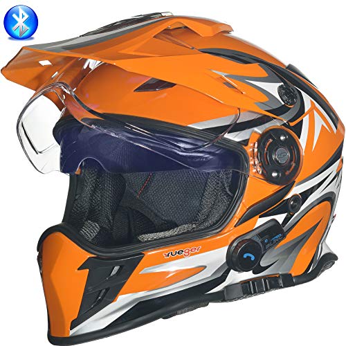 ?Bluetooth Klapphelm Motorradhelm Conzept Jethelm Crosshem Integralhelm Sonnenvisier Helm rueger?, Farbe:Orange V/RCK, Größe:M (57-58)