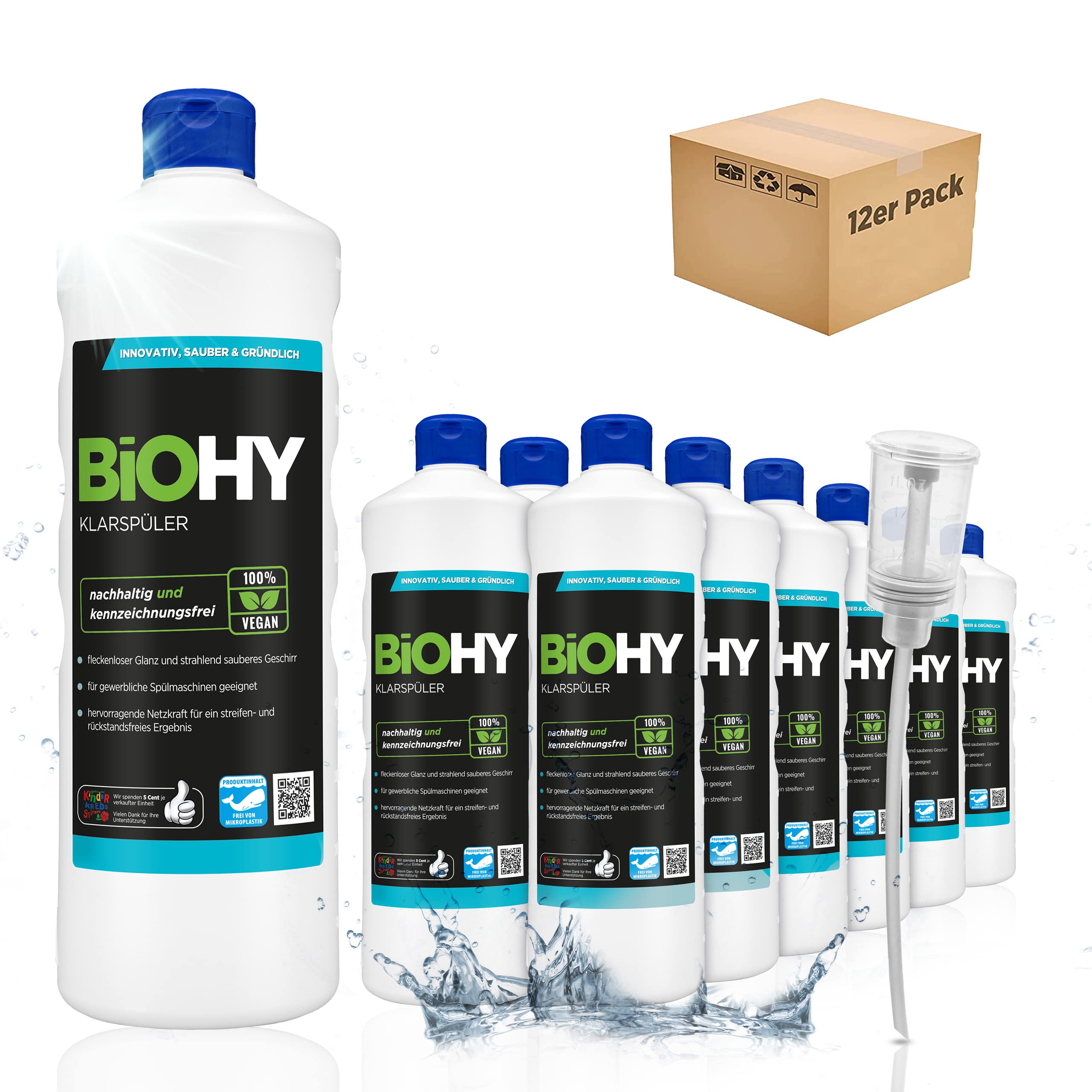 BiOHY Klarspüler (12 x 1 Liter) + Dosierer | Bio Geschirrspülmittel | ideal für alle Spülmaschinen | EXTRA STARKER Fettlöser für Gastronomie & Haushalt | frischer Glanz auf Glas & Geschirr