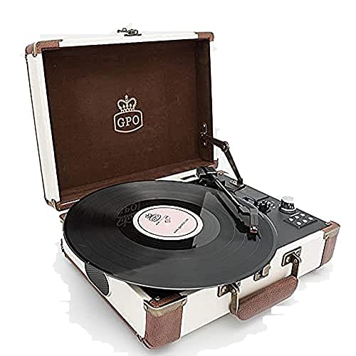 GPO Ambassador Bluetooth Koffer-Plattenspieler, Retro Vinyl Plattenspieler mit eingebauten Lautsprechern Creme/Caramel